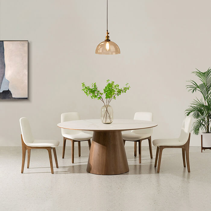 Tavolo da pranzo moderno rotondo di metà secolo con piano in marmo e base impiallacciata in noce per sala da pranzo