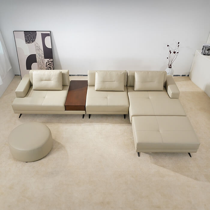 Divano componibile modulare in pelle di lusso con chaise longue a forma di L con pouf per soggiorno