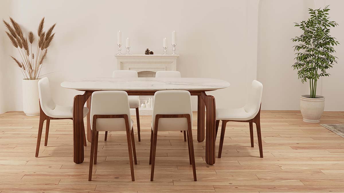 La classica miscela di tavoli da pranzo rettangolari in marmo e sedie da pranzo imbottite in pelle