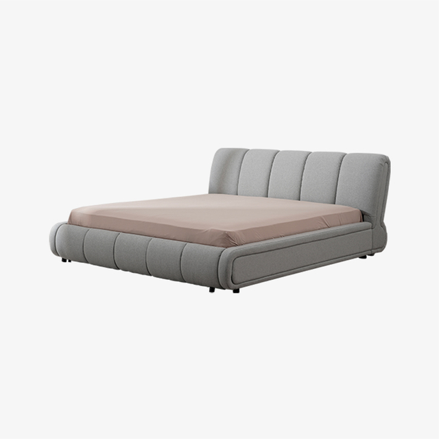 Letto moderno con piattaforma imbottita in grigio con struttura in legno