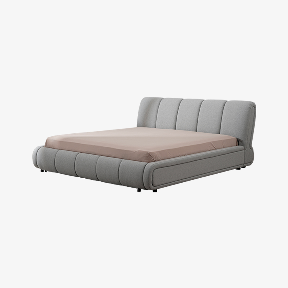 Letto moderno con piattaforma imbottita in grigio con struttura in legno