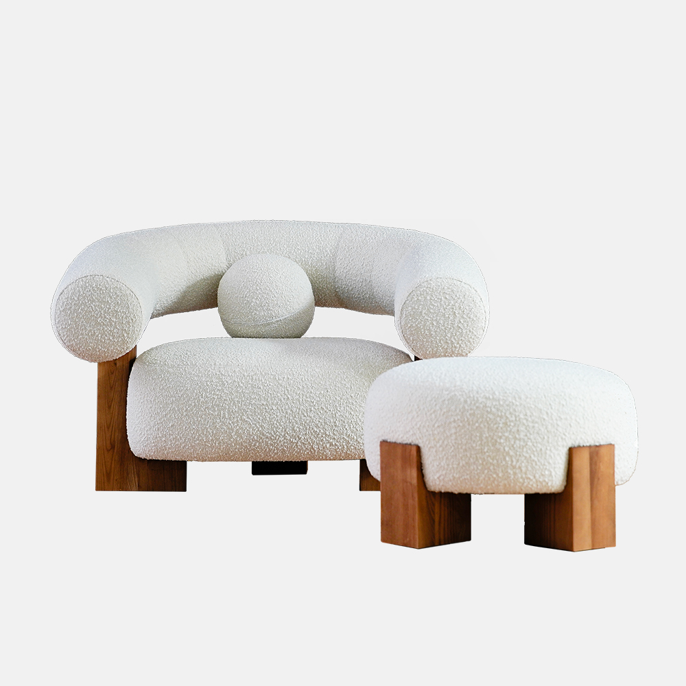 Poltrona moderna imbottita in pile Teddy con pouf 