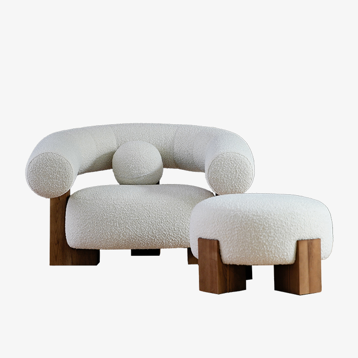 Poltrona moderna imbottita in pile Teddy con pouf 