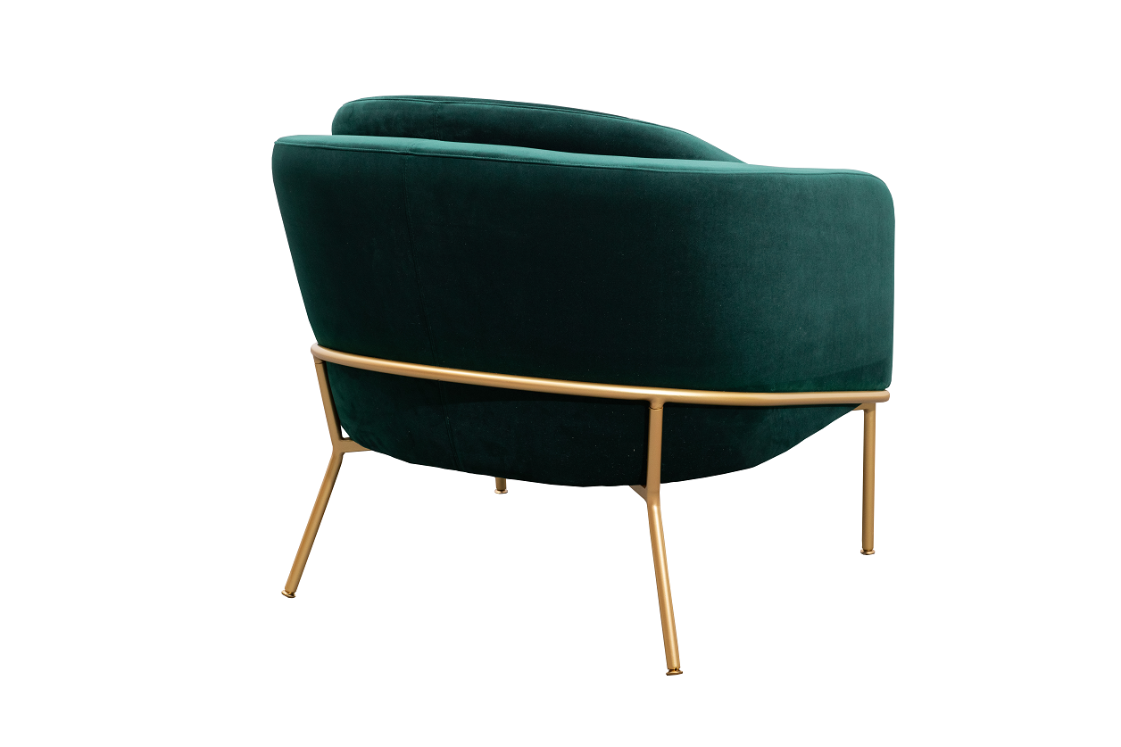 Poltrona lounge moderna imbottita in velluto verde con gambe dorate